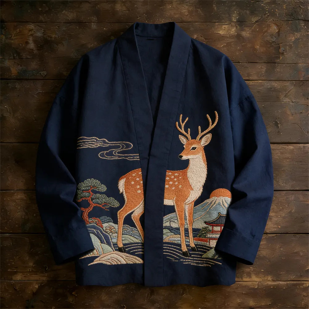Japanese Style Sika Deer Embroidered Totem Men's Linen Kimono