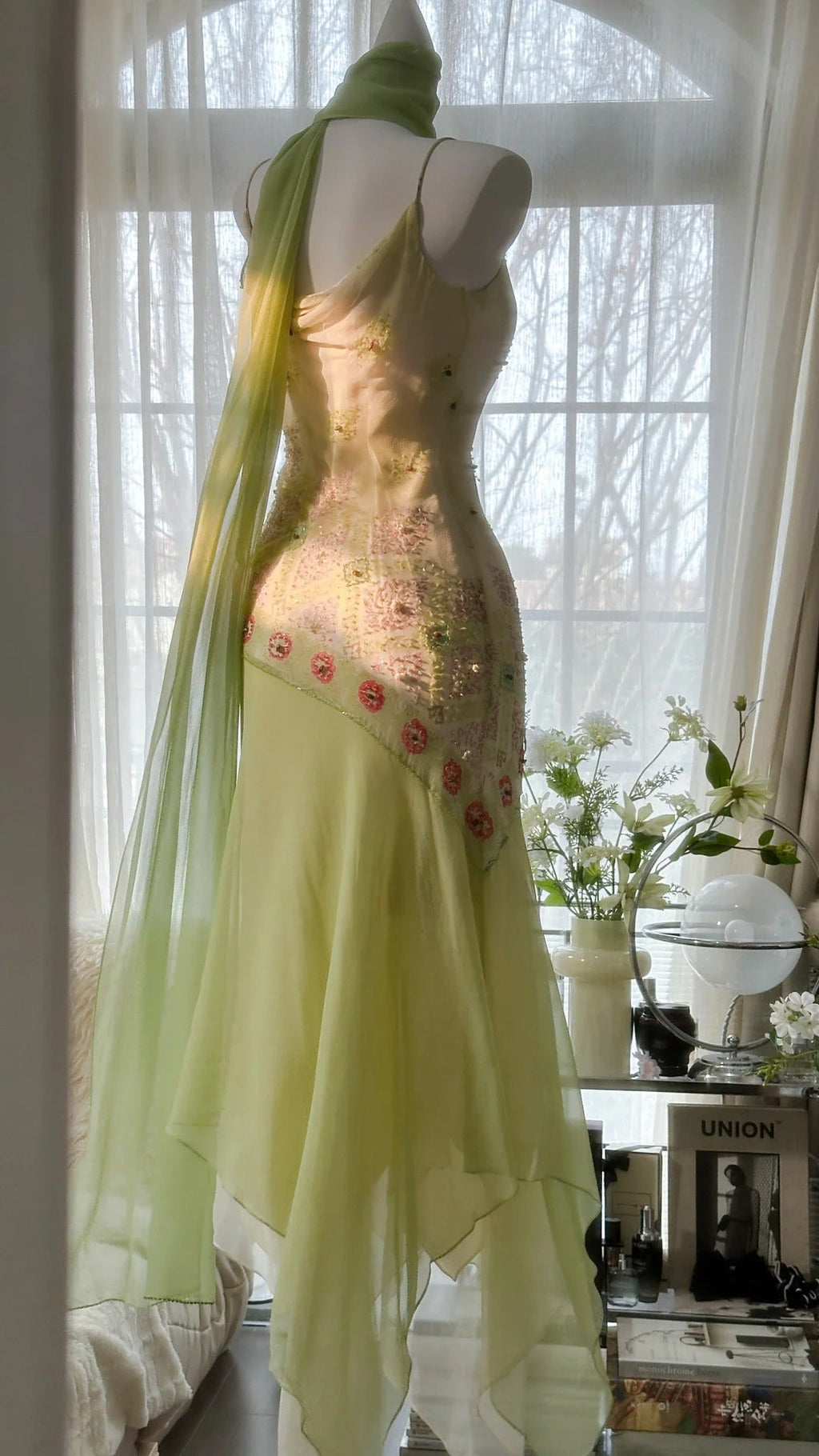 Green Elegant Romantic Delicate Floral Beading Spaetti Strap Long Chiffon Homecoming Ball Gown Evening Dress Birthday/Wedding Guest/Holiday Party Dress Prom Dress 4024