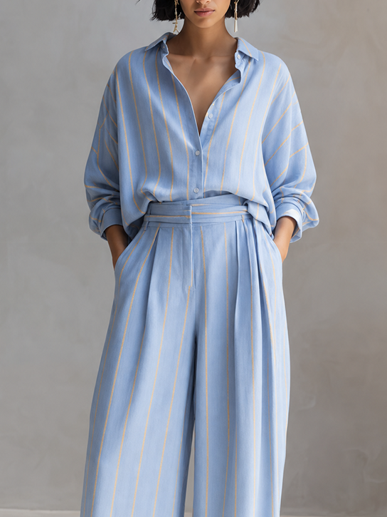 Women's Relaxed Light Blue Linen Blend Striped Collared Button-Front Long Sleeve Oversized Shirt And High-Waist Wide-Leg Pants Two-Piece Set MDZ1369G6ZSQ