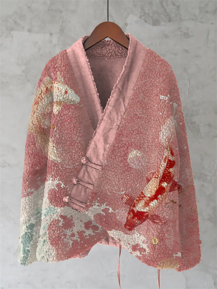 Retro Koi Japanese Waves Art Cozy Fleece Kimono Cardigan