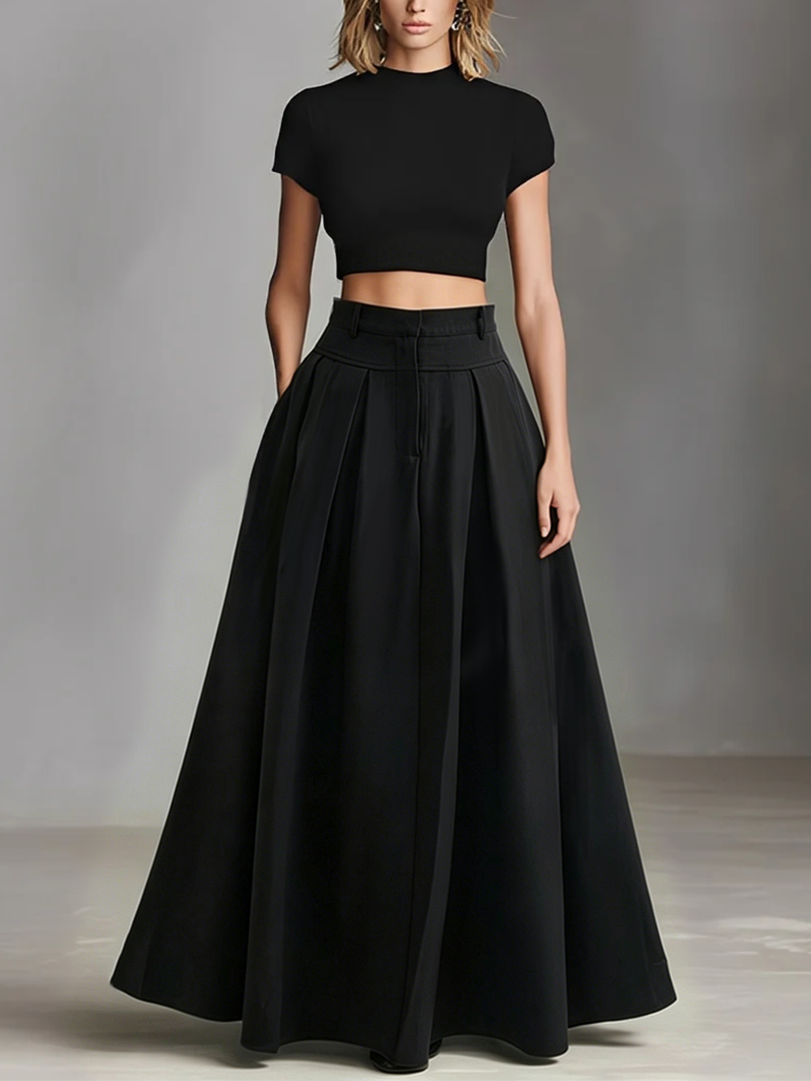 Women's Black Stretch-Knit & Woven Set With Cropped Top & Maxi Dress, Timeless Sleek-Chic Style Set (without Belt) MDZ1412A1I