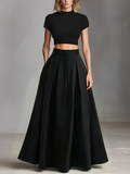 Women's Black Stretch-Knit & Woven Set With Cropped Top & Maxi Dress, Timeless Sleek-Chic Style Set (without Belt) MDZ1412A1I