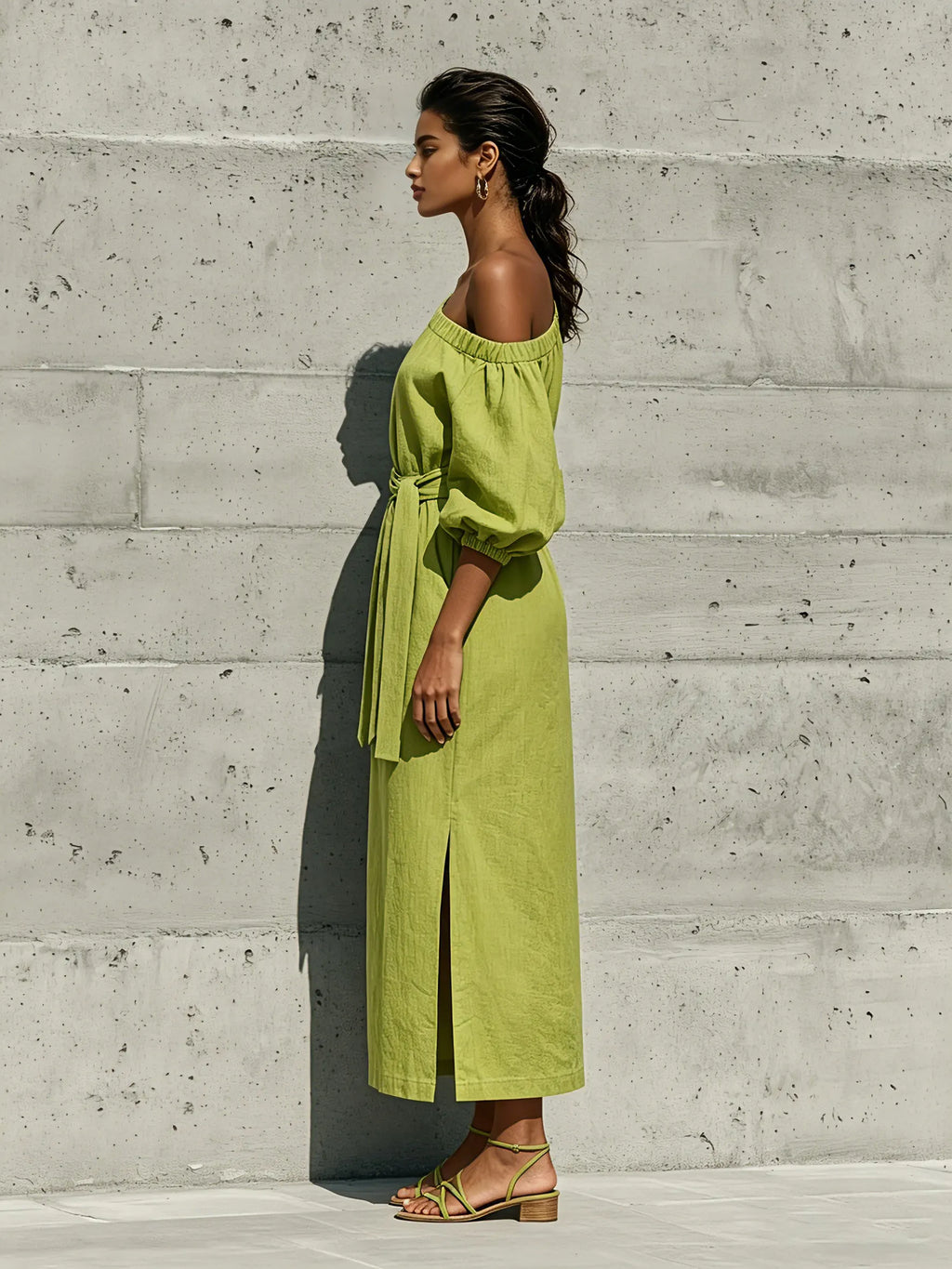 Women’s Lime Green Linen-Blend Off-The-Shoulder Puff Sleeve Tie Waist Midi Dress With Side Slit MDZ1150F0T