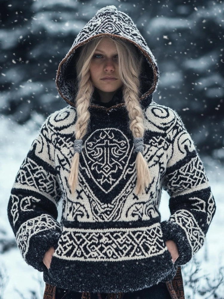 Viking Inspired Celtic Jacquard Chunky Hooded Sweater