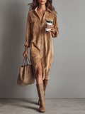 Women's Loose Corduroy Double Chest Pocket Single Breasted Midi Dress MDA0295I8Y