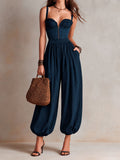 Boho Chic Navy Corset-Top Balloon Leg One-Piece Jumpsuit