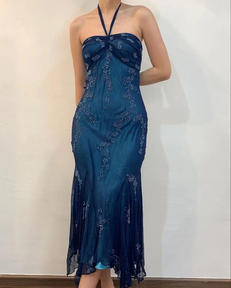 Dark Blue Fairy Mermaid Beaded Long Chiffon Formal Prom Evening Dress Wedding Guest Party Gown Dress Greek Halter Neck b