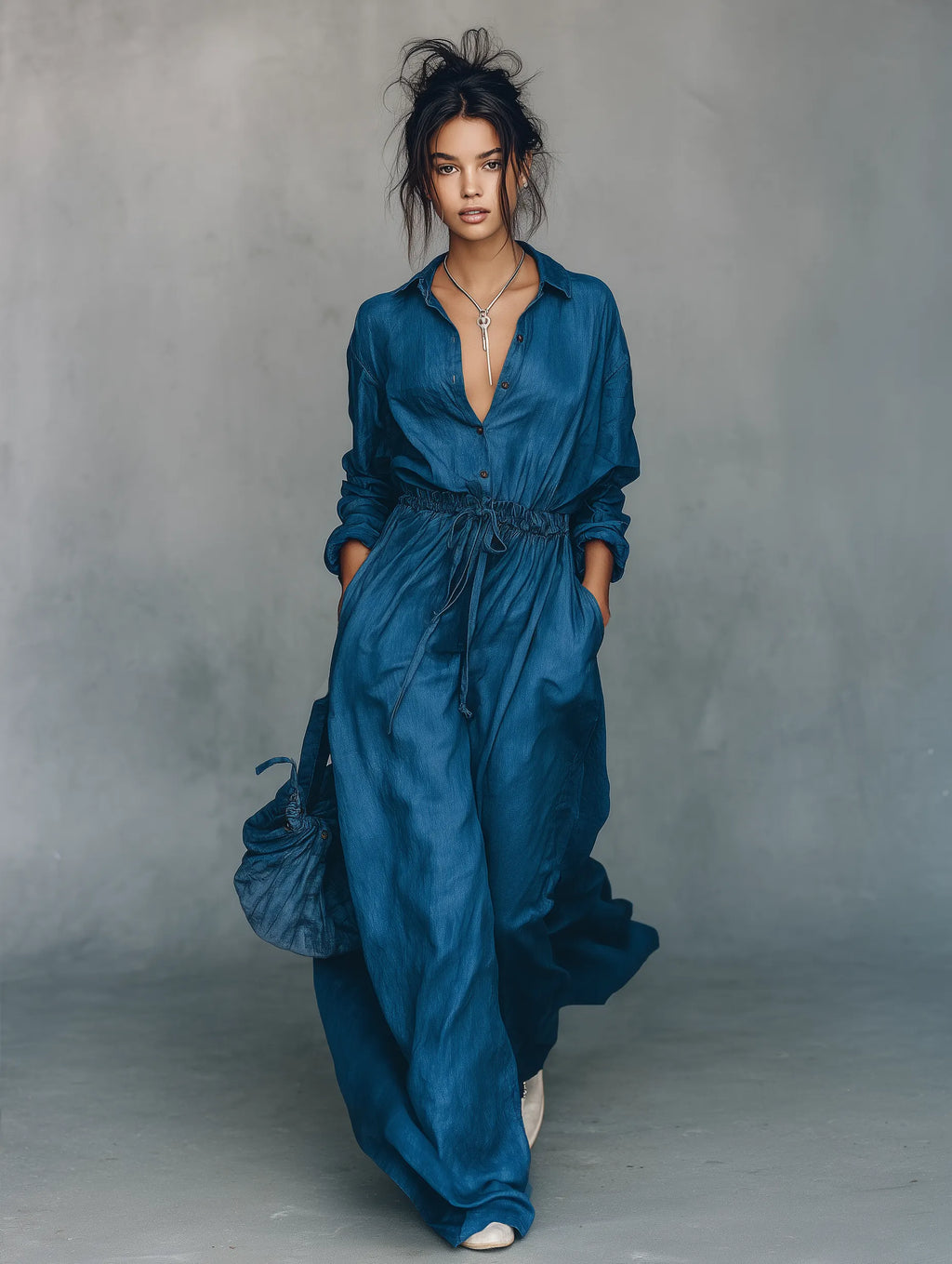 Women's Minimalist Linen-Blend Long-Sleeve Wide-Leg Jumpsuit With Drawstring Waist MDZ2056G4WY