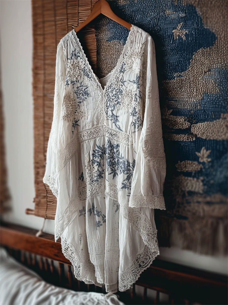 Japanese Floral Sashiko Embroidered Lace Flowy Linen Tunic