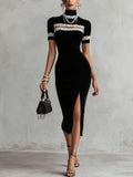 Black Velvet Bodycon Midi Dress With Lace Patchwork And Front Slit