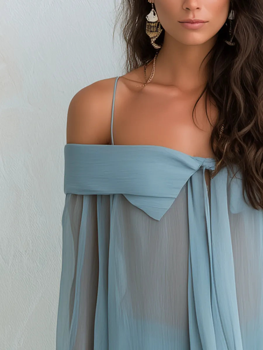 Soft Blue Off-Shoulder Draped Belted Shirt