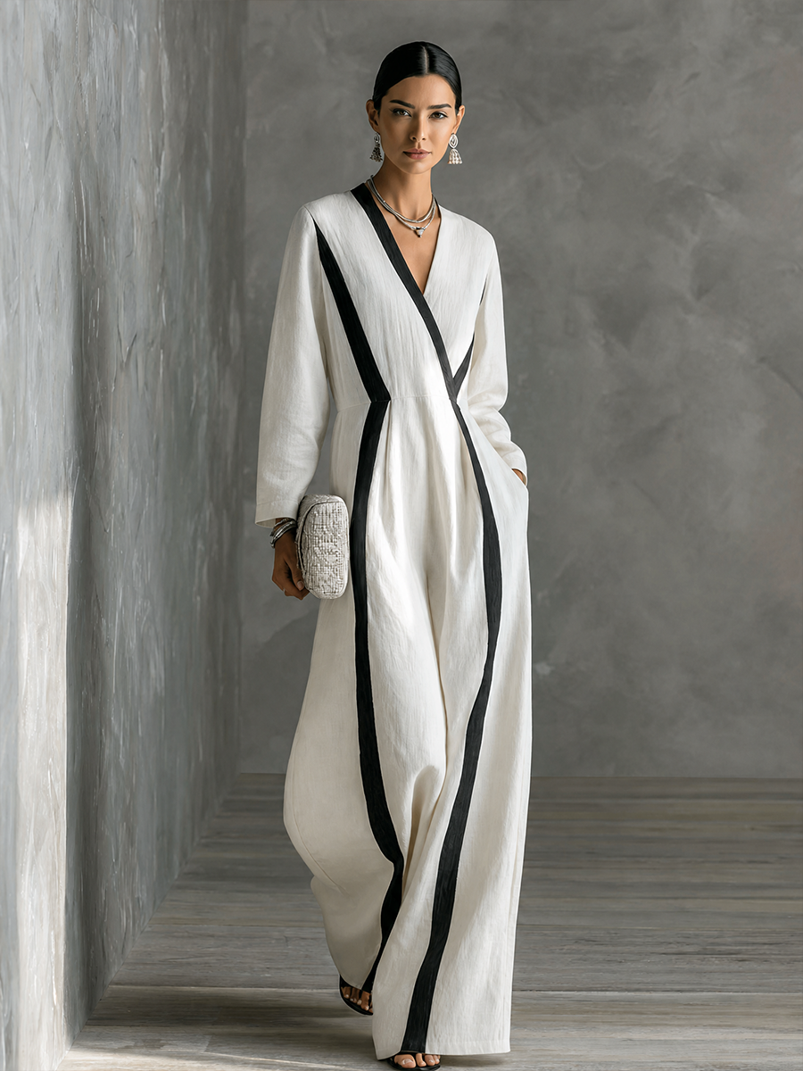 Women's Minimalist Vacation Style White Cotton Linen V-Neck Color-Blocked Striped Long-Sleeved Wide-Leg Jumpsuit MDZ1382G0GMJ