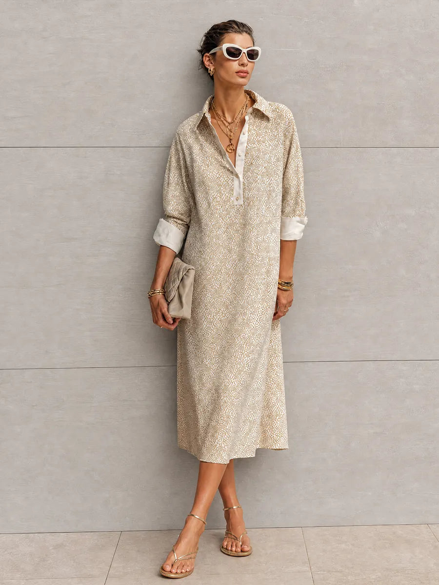 Women's Simple Casual Beige Cotton Blend Geometric Print Collar Three-Quarter Sleeve Loose Mid-Length Shirt Dress MDZ0219G5GMJ