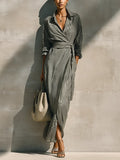 Women's Grey White Vertical Stripe Cotton-linen Blend Collared Wrap Tie Waist Side Pocket Maxi Shirt Dress MDZ1451G8YZJ