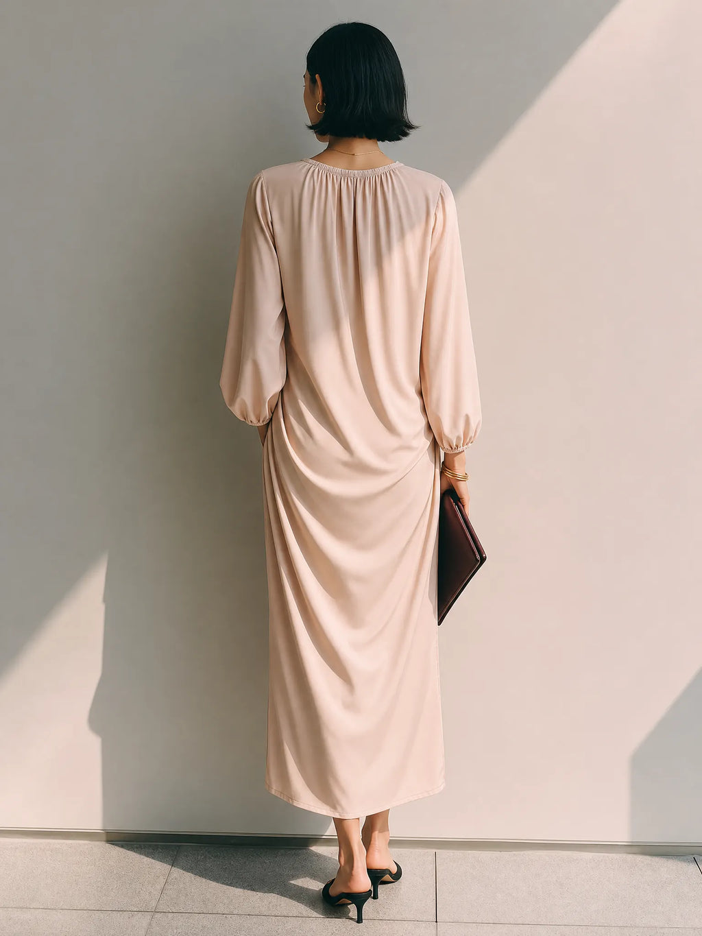Women's Blush Cotton Blend Gathered Neck Balloon Sleeve Midi Dress MDZ1723G4ZRK