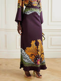 Retro Ethnic Print Satin Twill Maxi Skirt
