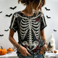 Women's Retro Halloween Style Floral Skull Embroidery Print Top