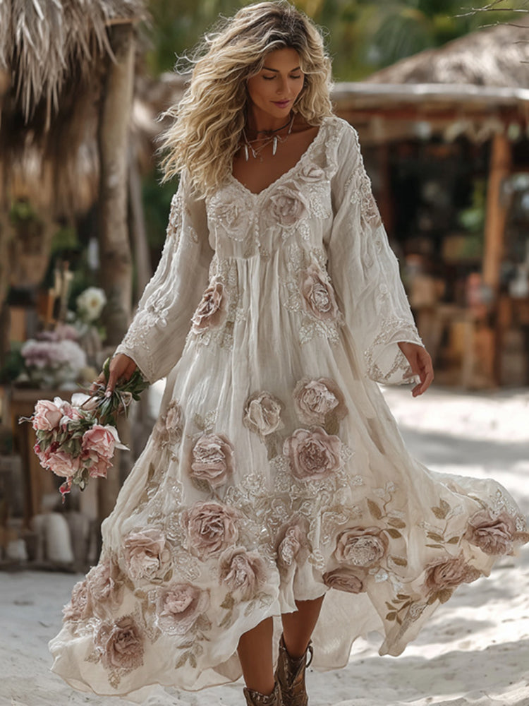 Women's Vintage Romantic White Rose Embroidery Art Comfy Linen Vacation Dress Maxi Dress