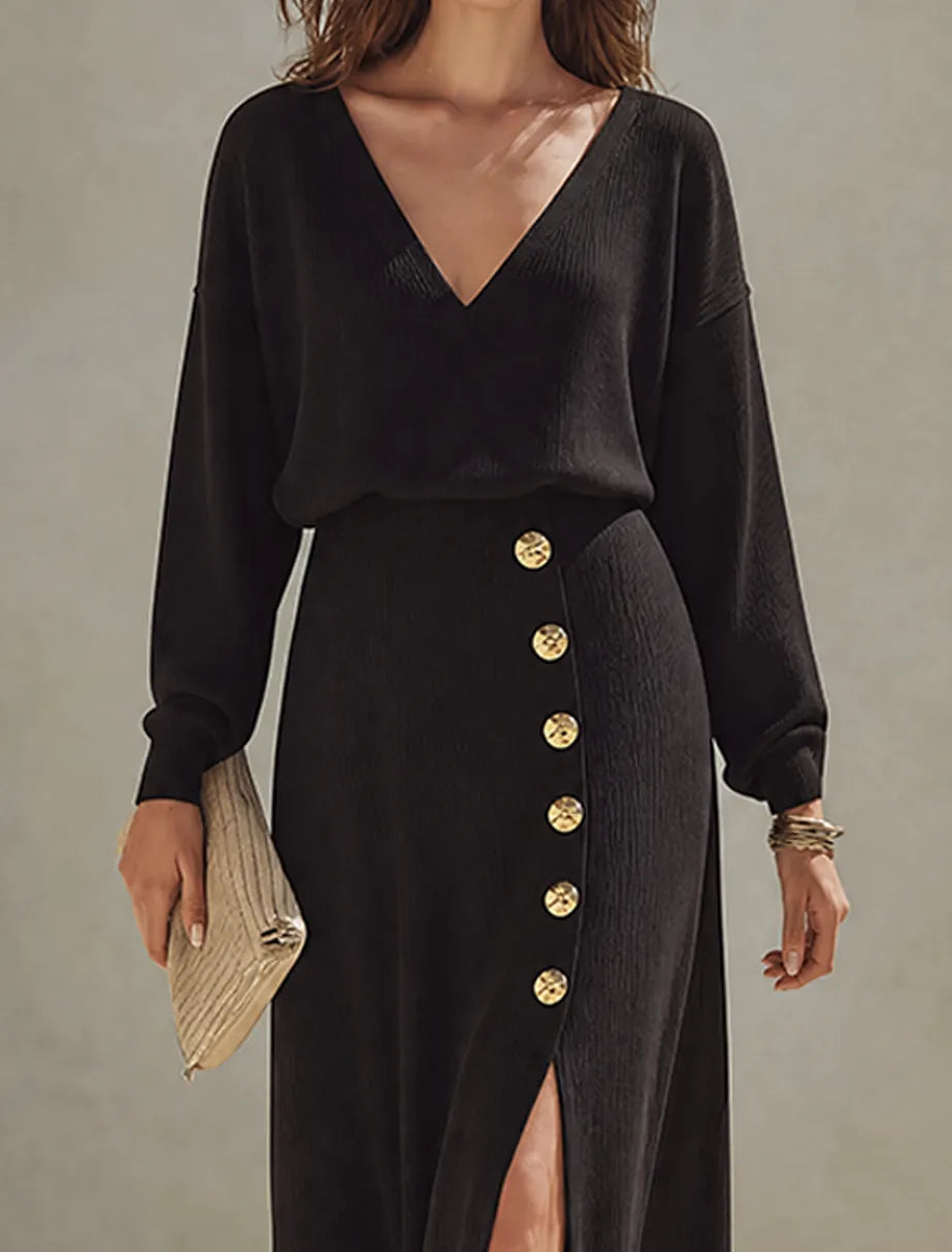 Women's Minimalist Solid Black Knit V-Neck Long-Sleeve Midi Dress MDZ0836G1ZRK