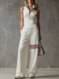 Sporty Retro White Striped Embroidered Sleeveless Vest And Wide-Leg Pants Set