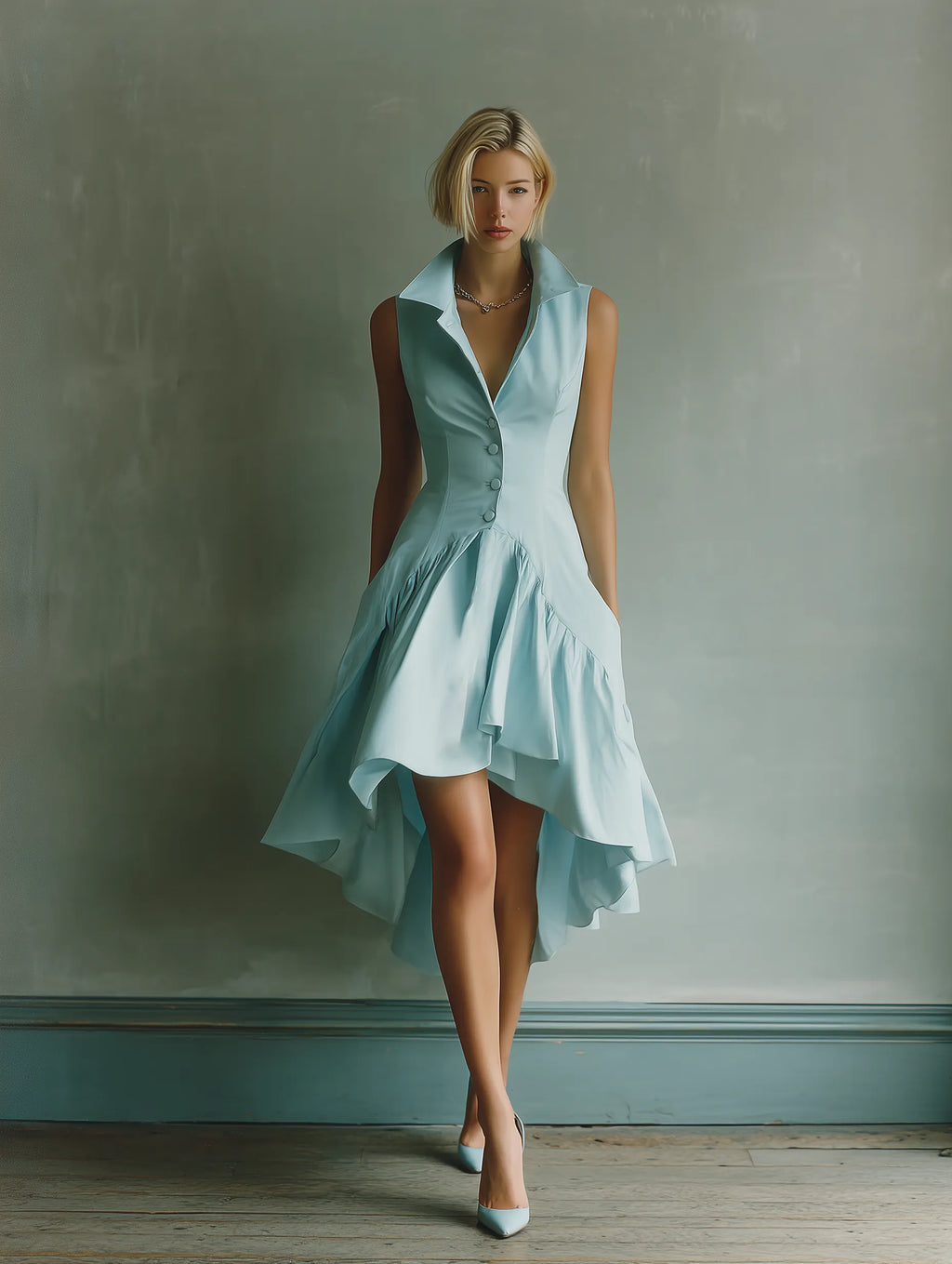 Women's Sky Blue Cotton Blend Sleeveless Dress With Collared Neckline & Flared Skirt MDZ2786B1T
