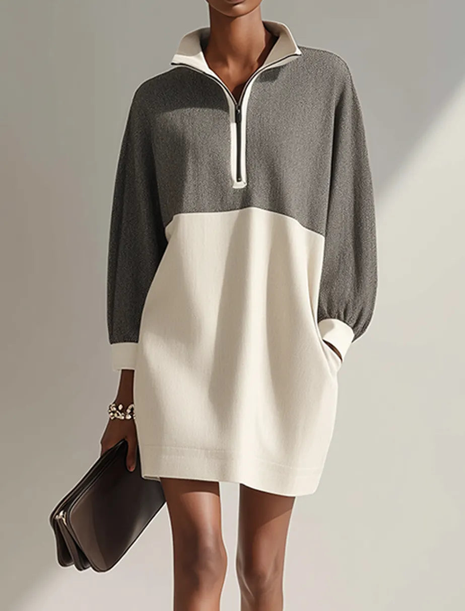 Women's Minimalist Color-Block Knit Mini Dress With Half-Zip Stand Collar MDZ1097G5ZRK