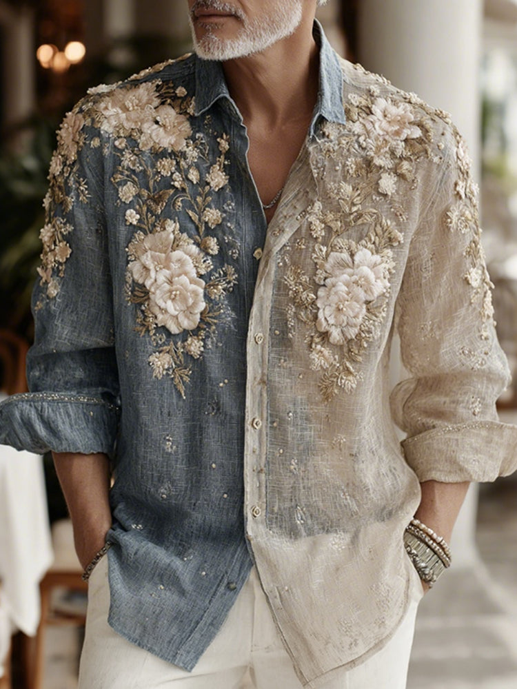 Men's Japanese Floral Art Casual Button Linen Shirt
