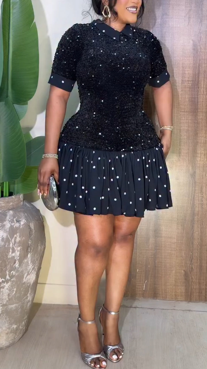 Women Collar Short Sleeved Sequined Patchwork Polka Dot Elegant Casual Dress