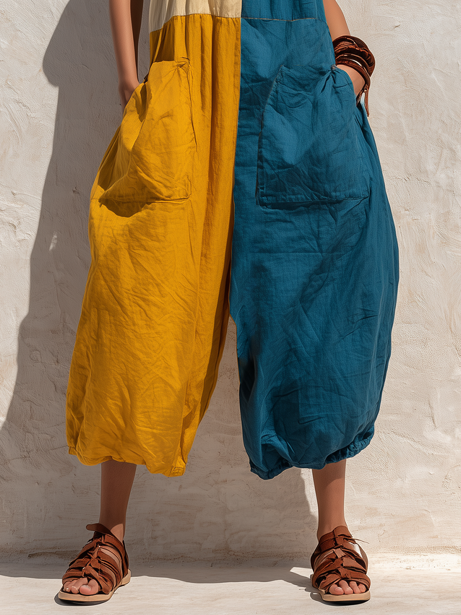 Women’s Boho Tri-Color Block Halter Sling Oversized Linen Baggy Jumpsuit With Big Cargo Pockets MDZ2362F8T