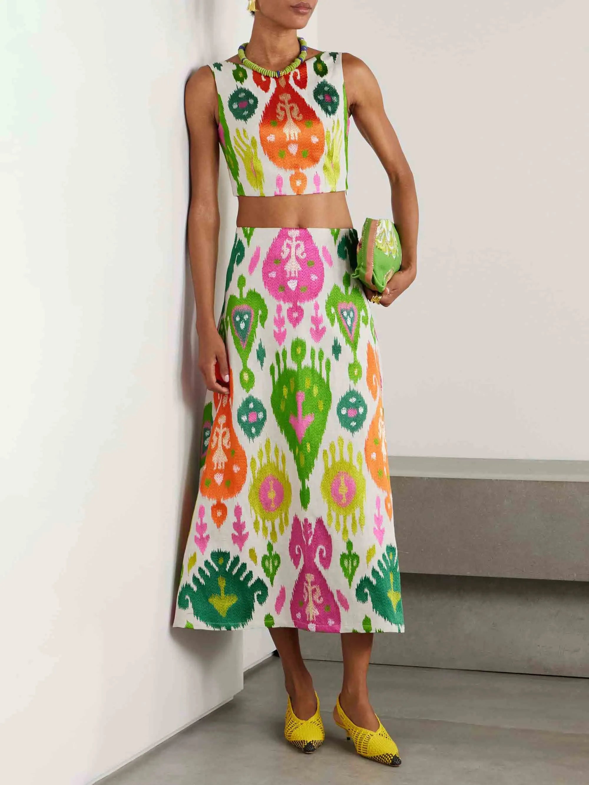 Vibrant Ikat Print High-Waist Midi Skirt