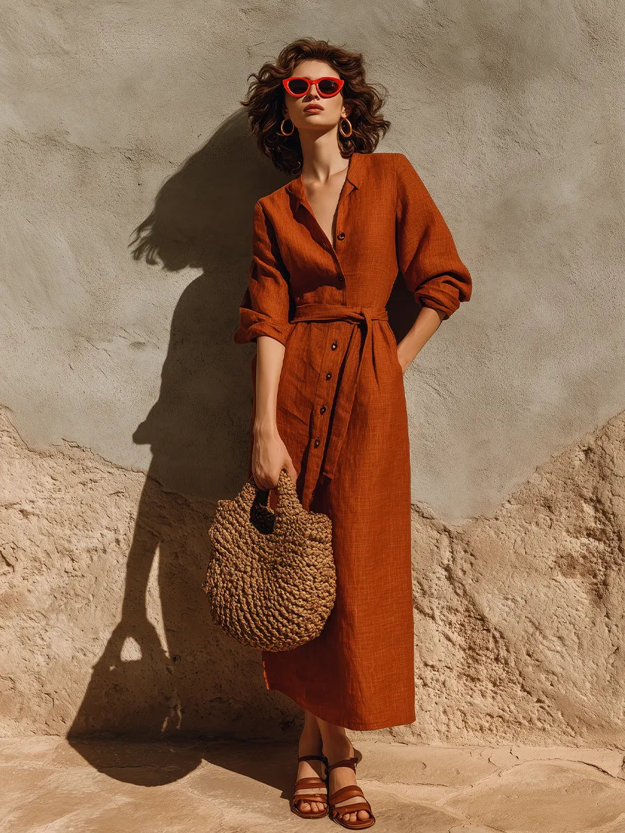 Women's Rust Terracotta Textured Linen Maxi Gown With Oversized Relaxed Silhouette & Adjustable Wrap Waist, Minimalist Effortless-Chic Summer Maxi Dress MDZ0642G8LYL