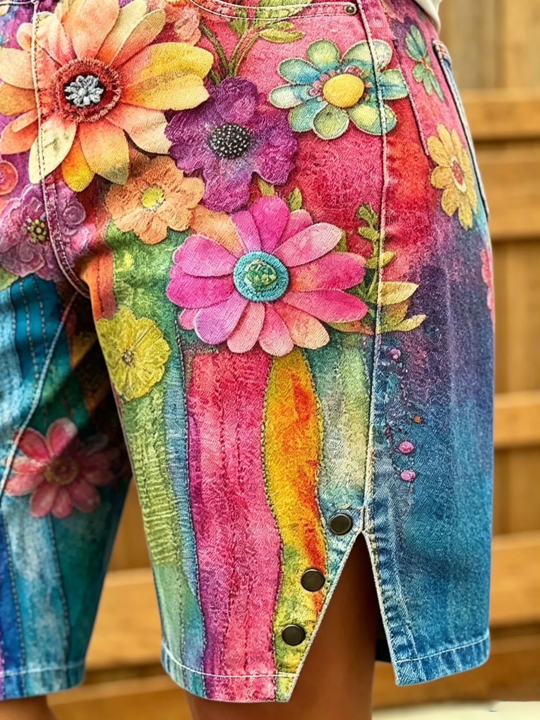 Women's Abstract Floral Stripe Print Denim Bermuda Shorts