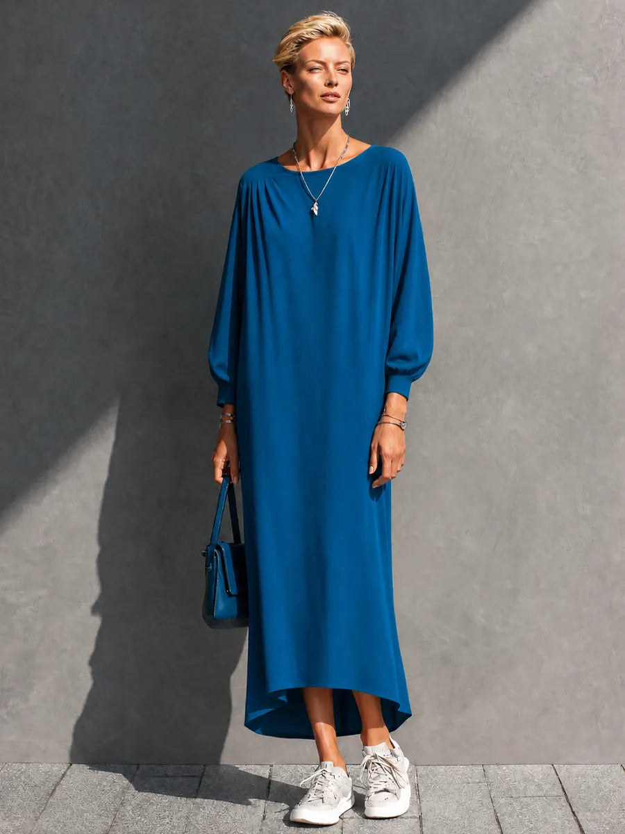 Women's Relaxed Lazy Royal Blue Cotton Blend Gathered Batwing Sleeve High Low Maxi Dress MDZ0946G1GMJ