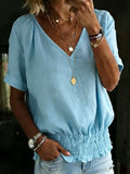 Women's V-neck Waist-cinching 100% Cotton Short- Sleeved T-shirt