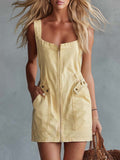 Casual Retro Square Neck Front Zipper Light Yellow Denim Mini Dress