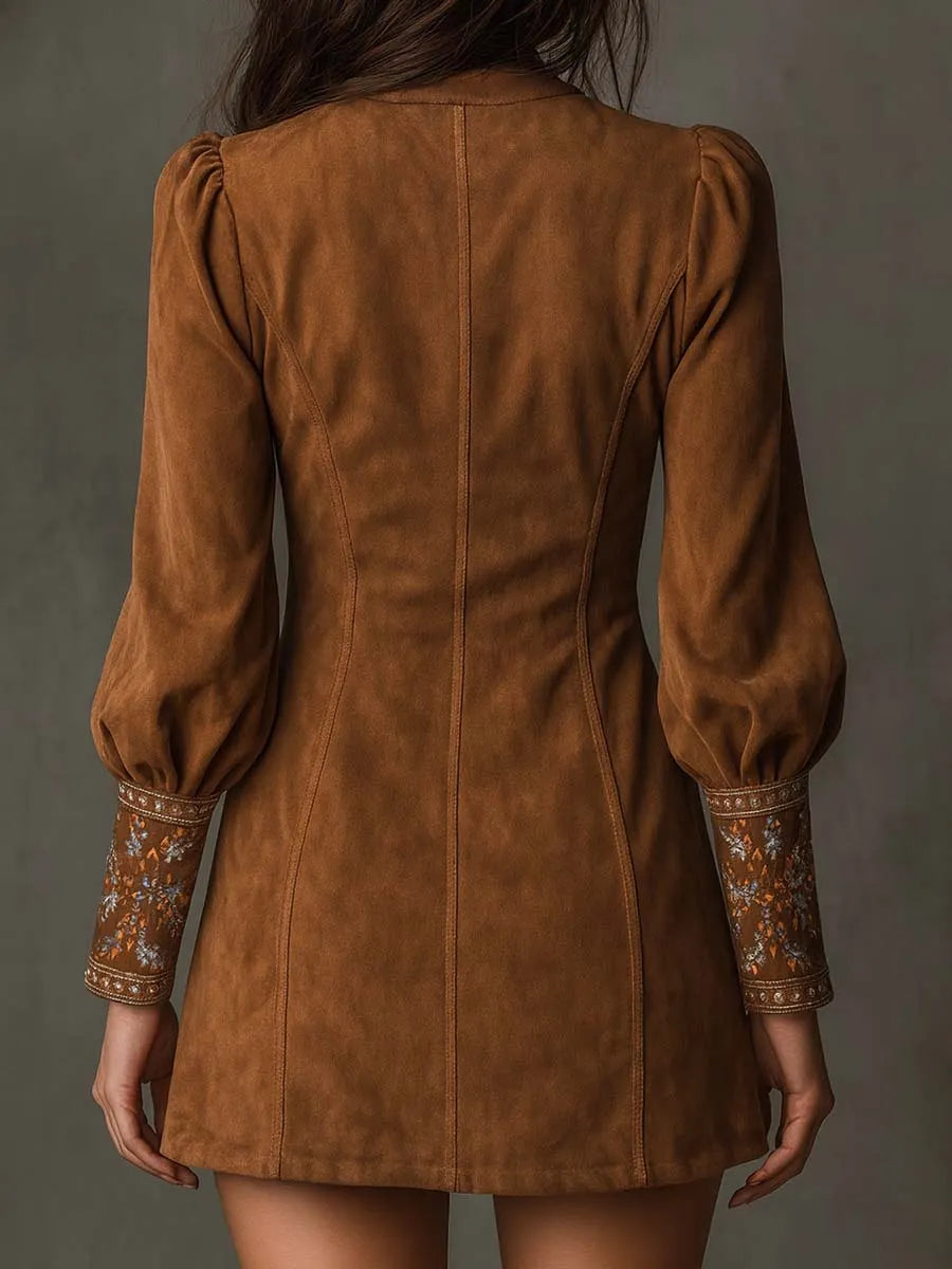 Vintage Suede Embroidered Mini Dress With Long Sleeves
