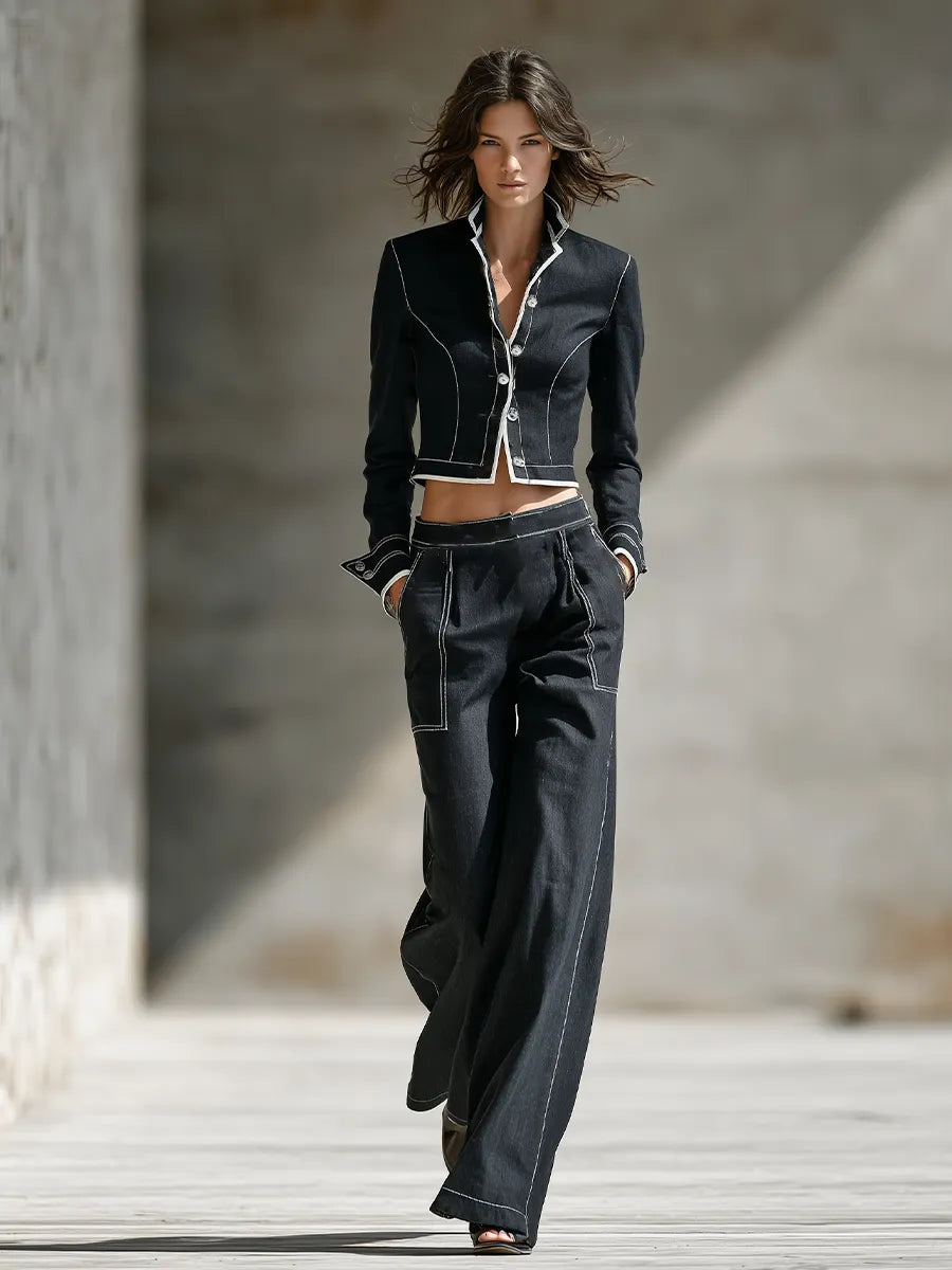 Women's Black Cotton Blend Two-Piece Set With White Contrast Stitch Crop Jacket & High Waist Wide Leg Trousers, Minimalist Retro Street Matching Outfit MDZ1565G3LYL