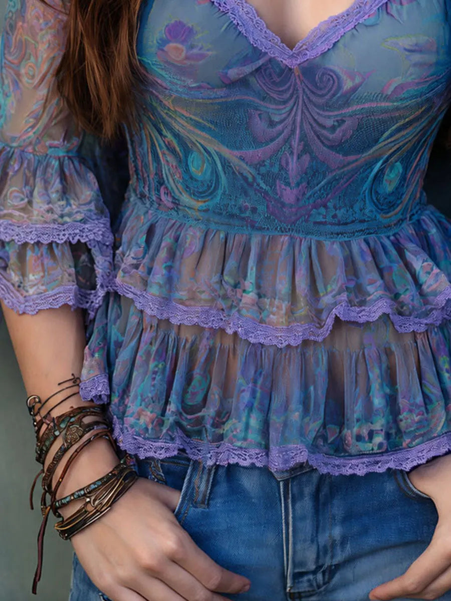 Bohemian Purple Paisley Sheer Mesh Lace Ruffled Blouse