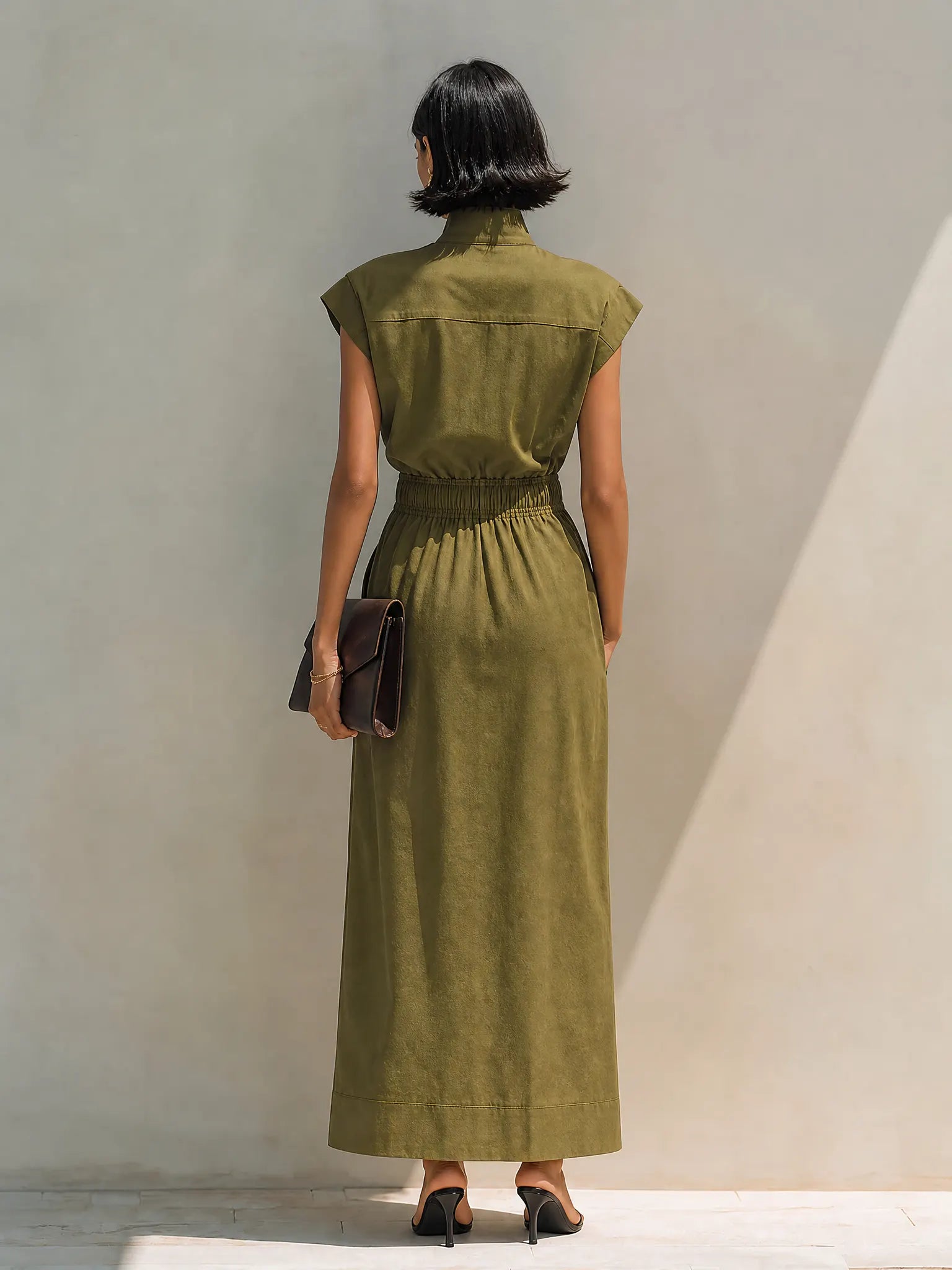 Women's Olive Cotton Blend Stand Collar Zip Cap Sleeve Midi Dress MDZ1788G8ZRK