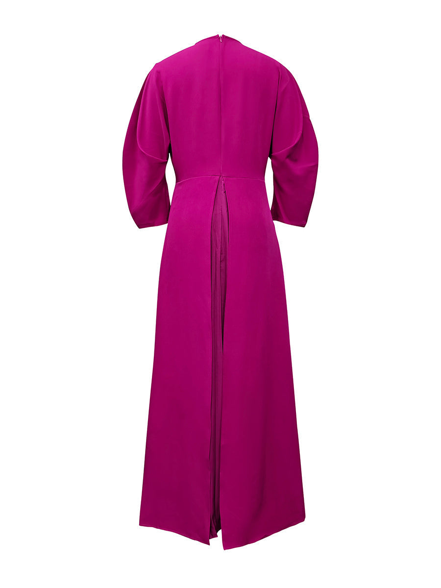 Long Sleeves Loose Pleated Solid Color Split-Joint Tiered Round-Neck Maxi Dresses