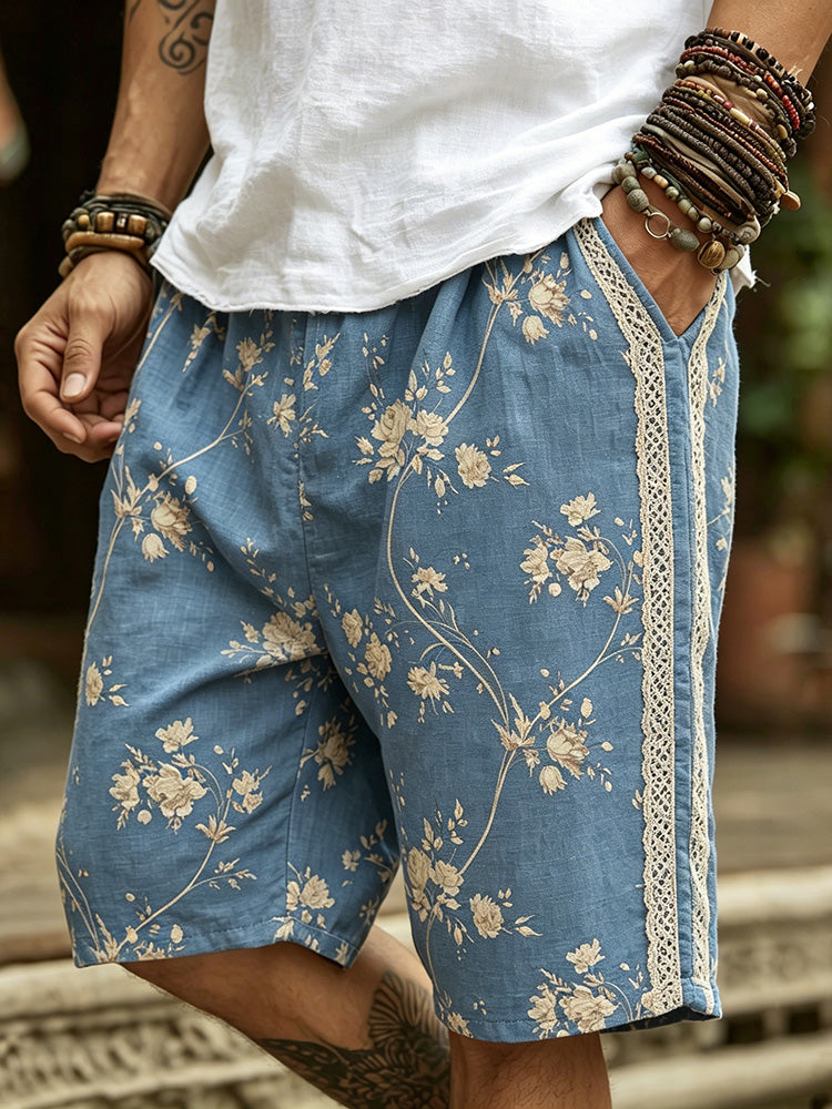 Men's Retro Bohemian Floral Print Casual Linen Shorts