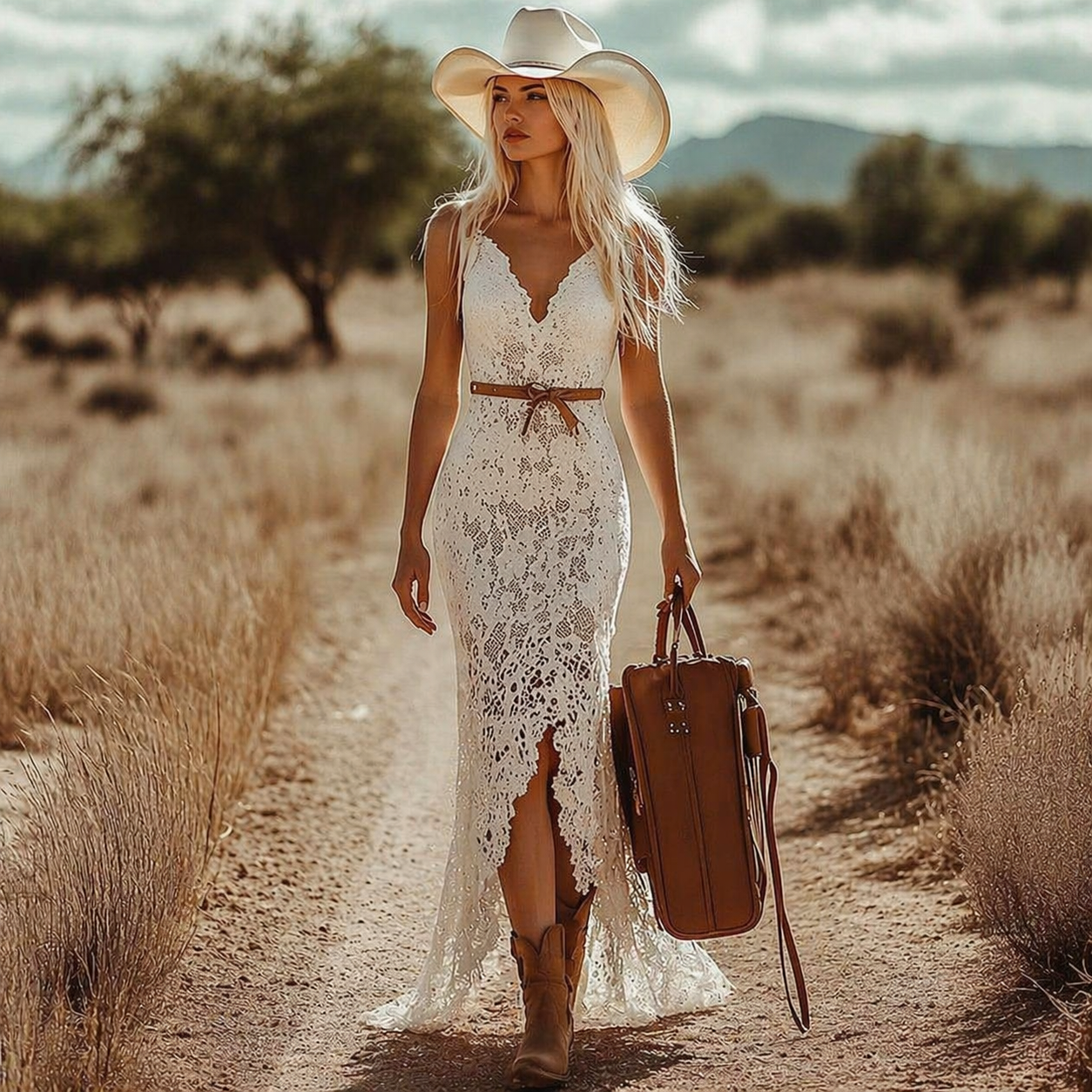 White Lace Western-Boho Maxi Dress with High Slit