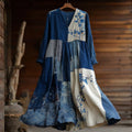 Women's Japanese Geometric Cherry Blossom Embroidery Patchwork Cotton And Linen Dress