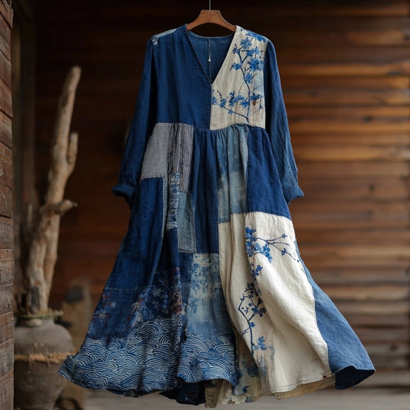 Women's Japanese Geometric Cherry Blossom Embroidery Patchwork Cotton And Linen Dress