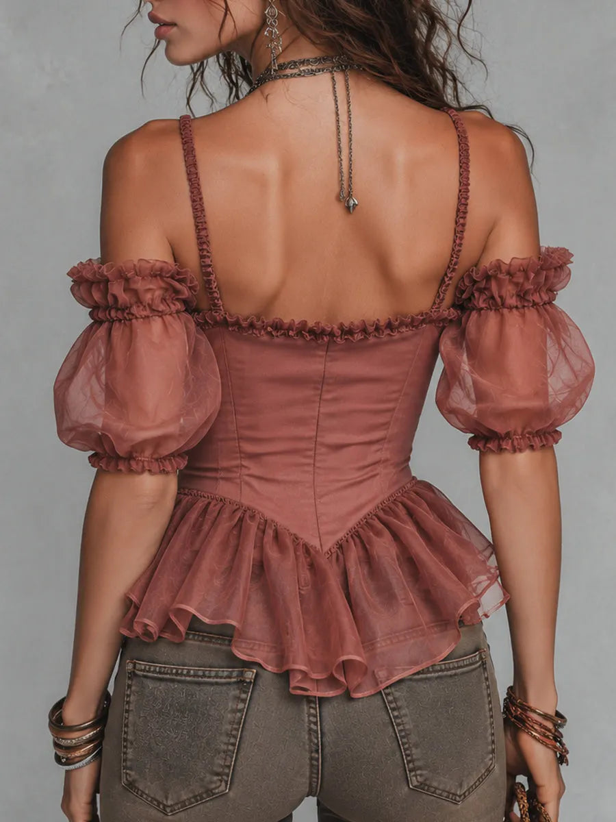 Retro Ruffled Asymmetrical-Hem Off-the-Shoulder Blouse