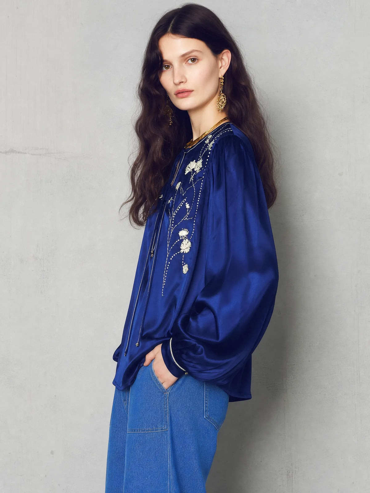 Refined Royal Blue Floral Embroidered Blouse