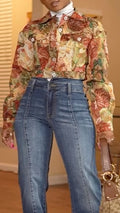 Women Collar Printed Top+ Jeans Casual Suit