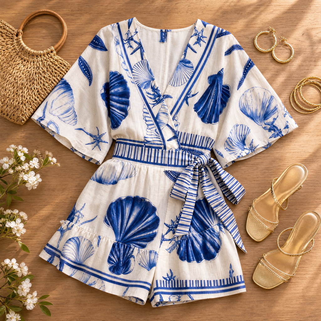 Shellini – Women's Coastal Shell Print Wrap Romper