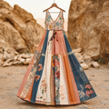Women's Vintage Bohemian Floral Patch V-neck Cotton And Linen Dress d508