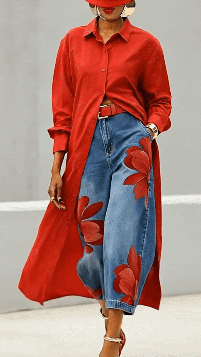 Women Casual Cotton Linen Shirt Dress Long Sleeve Shirt Collar Slim Fit Red Midi Dress